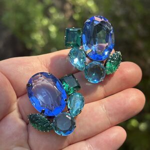 RARE! Vintage Blue Green Rhinestone Clip Earrings Open Back Large Statement